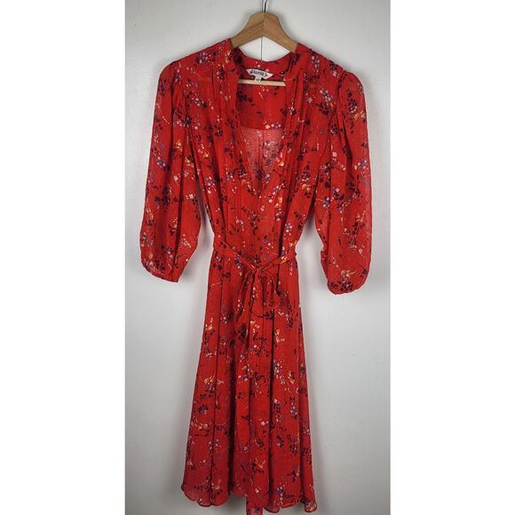 Nanette Lepore Pleated Floral Red Midi Dress Waist Tie | Medium 8 - Picture 5 of 10